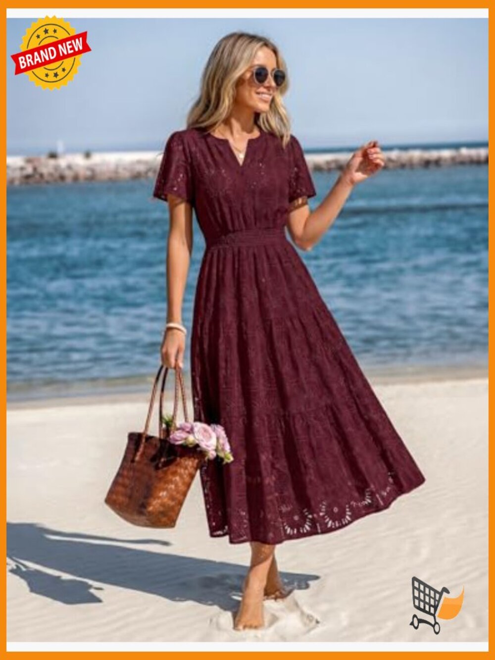 Women's Summer Boho Floral Maxi Dress Eyelet Lace Short Sleeve A Line - Picture 3 of 7